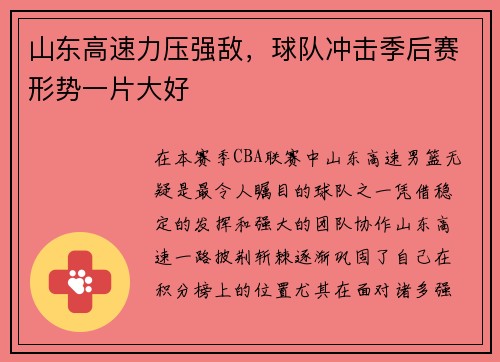 山东高速力压强敌，球队冲击季后赛形势一片大好